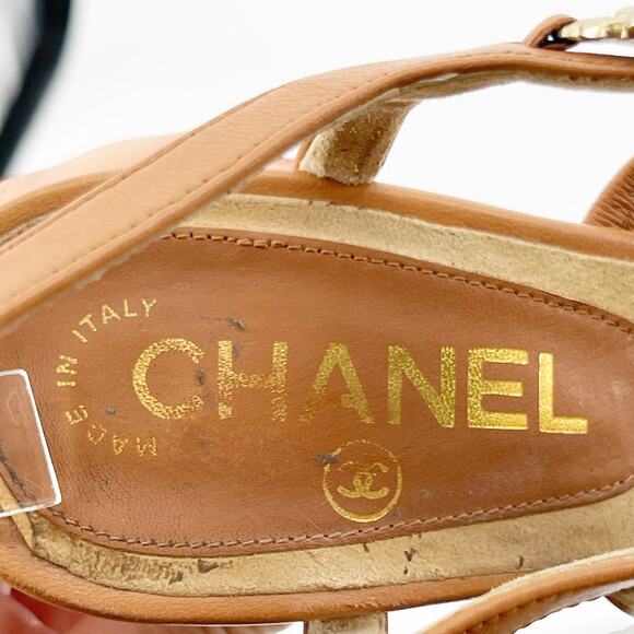 Chanel EU 37 2012 Cruise Tan Leather Camellia Flower T-Strap Cork Wedge Sandals - Picture 12 of 16